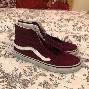 High-top Maroon and White Vans